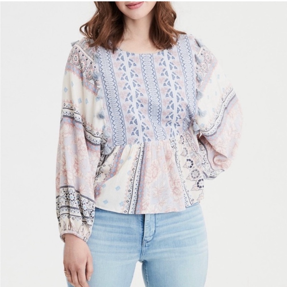 American Eagle boho pink and Blue babydoll Blouse with fringe/tassels